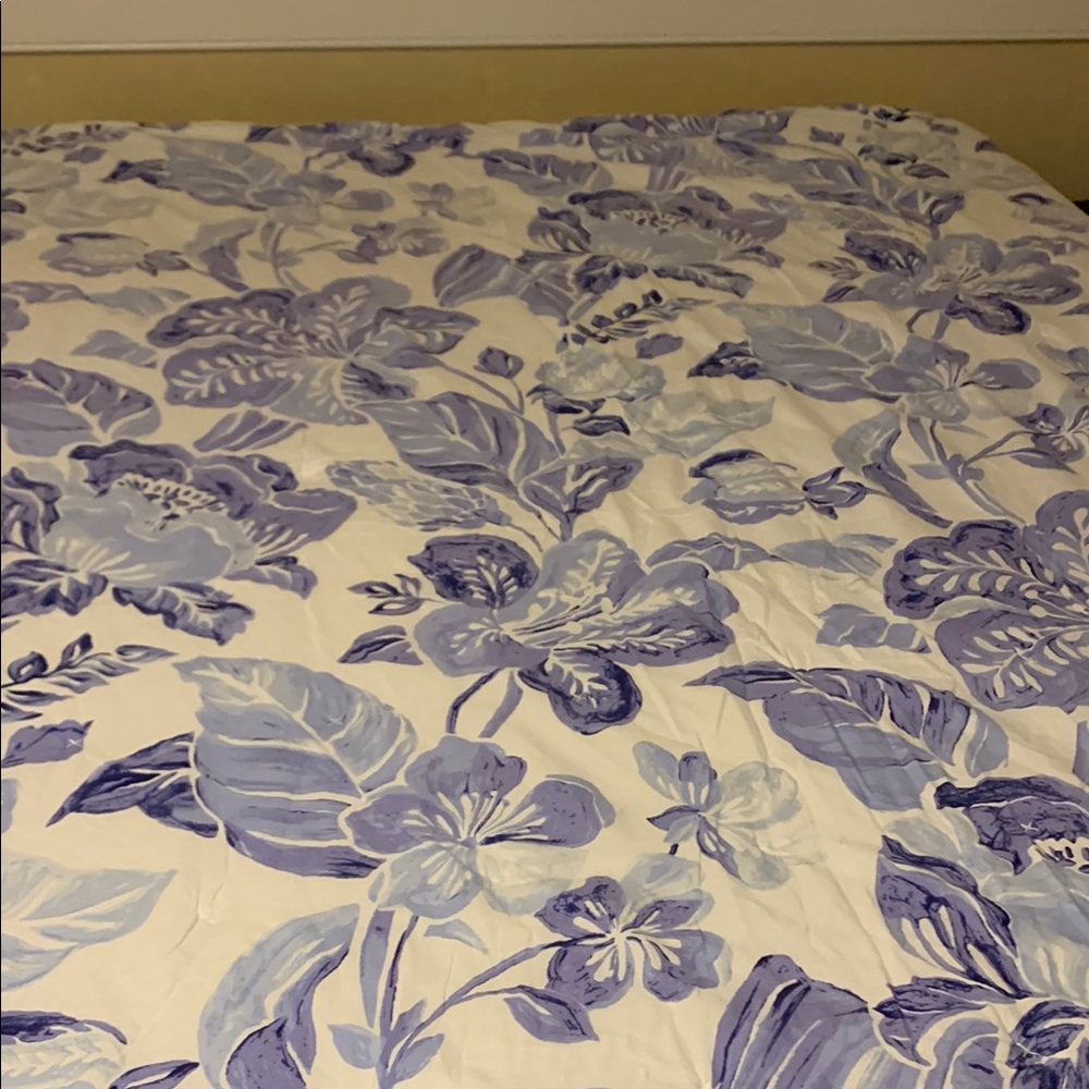 Gently floral blue and white (with a splash of purple) quilt.